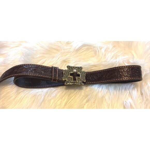 Tony Lama 34L Tooled Leather Belt With Cross Cutout Brass Buckle Made In USA - Picture 2 of 9